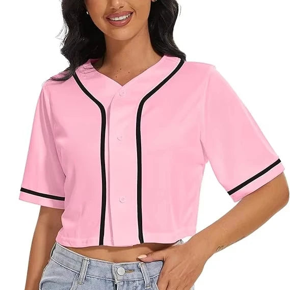 Women's Crop Top Baseball Jersey Button-down V-neck Short-sleeved T-shirt Girls Cute Summer Top Softball Shirt