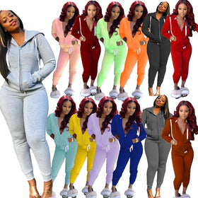 Custom Logo New Women Two-Piece Set Sweatsuit Set Solid Color Zipper Fly Long Sleeve Hooded Jogger Set Tracksuit