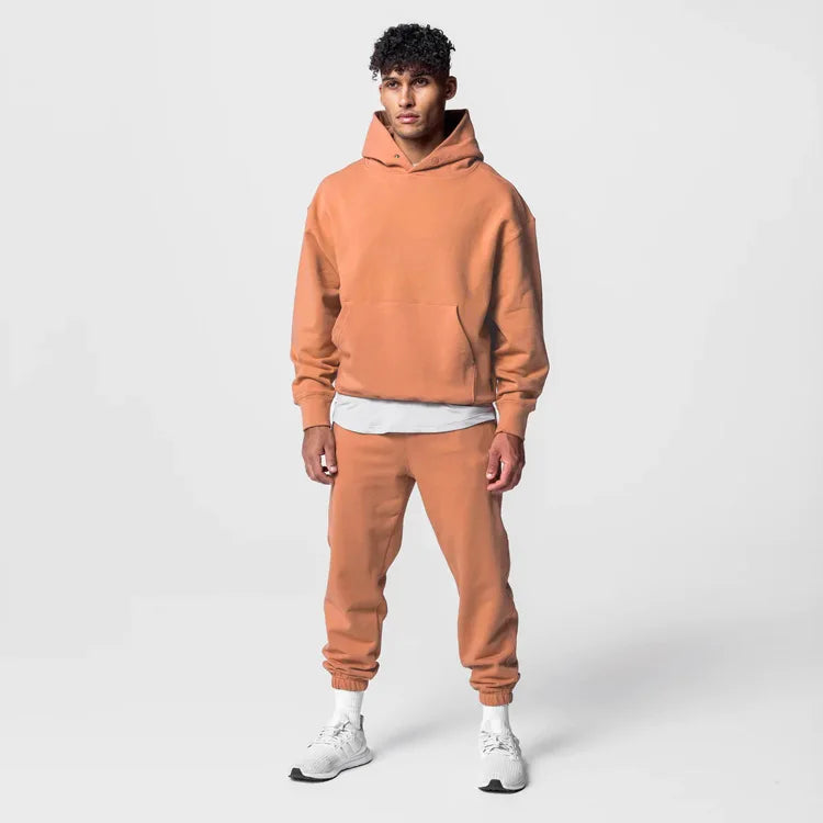 Wenshuo Simple Solid Color Set Custom logo Hooded Long Sleeve Sweatshirt Wholesale Men's Winter Tracksuit Set Factory Direct