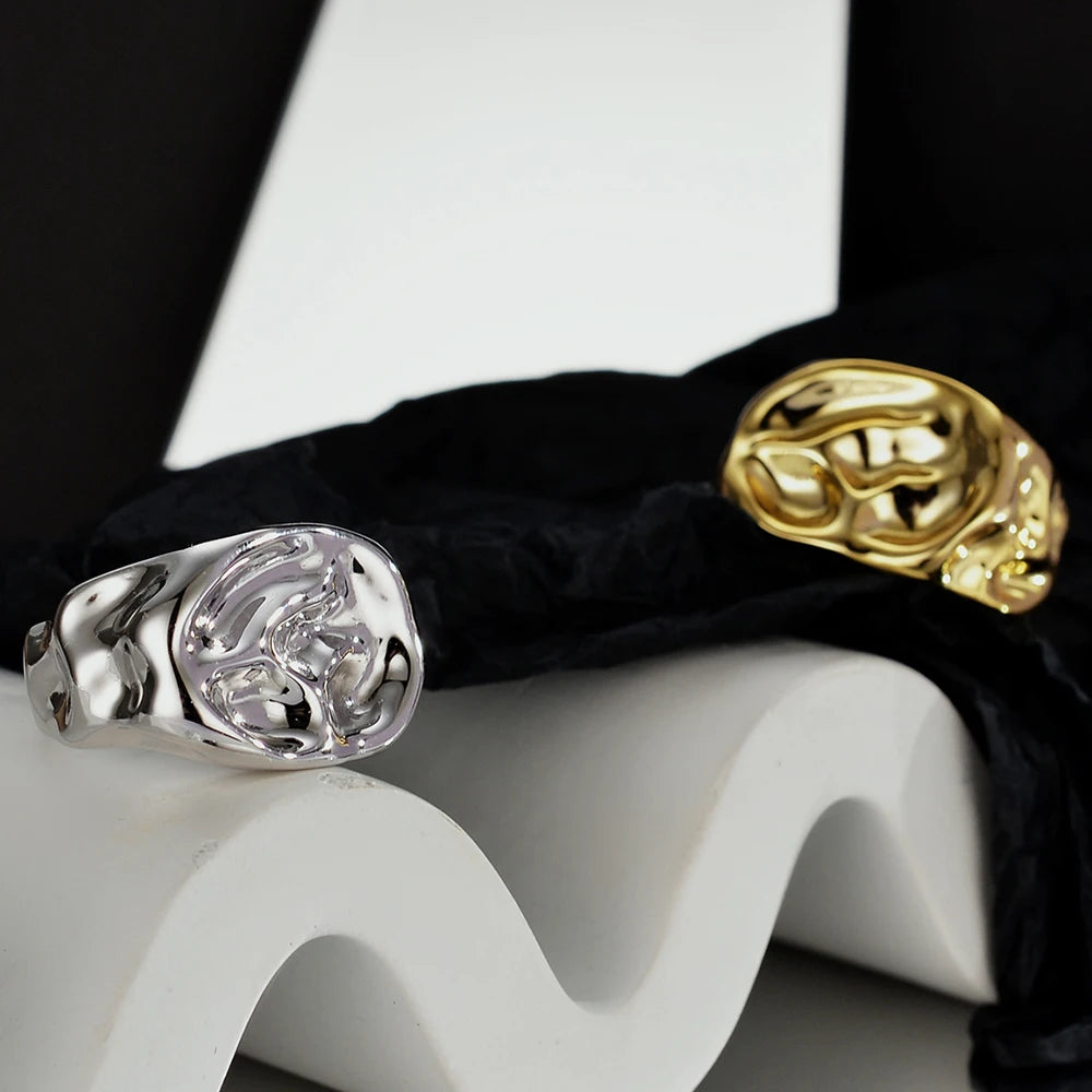 ICEBELA Jewelry Classic Luxury Lava Irregular High Polished Waterproof 18K Gold Plated 925 Sterling Silver Opening Rings