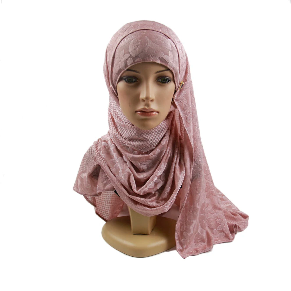 Wholesale New Design Cotton Tudung Bawal Printed Hijab Knitting Jacquard Flowers Scarf for Muslim Women