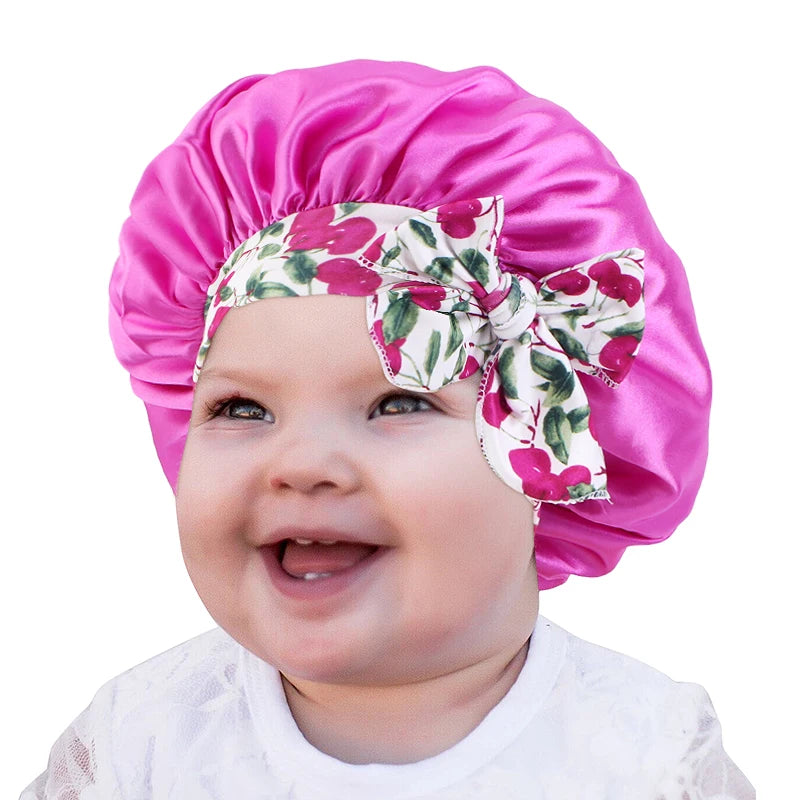 Kids Wide Floral Band Satin Sleep Turban Baby Satin Headwrap Bonnets Bow Hair Bonnet Satin With Tie