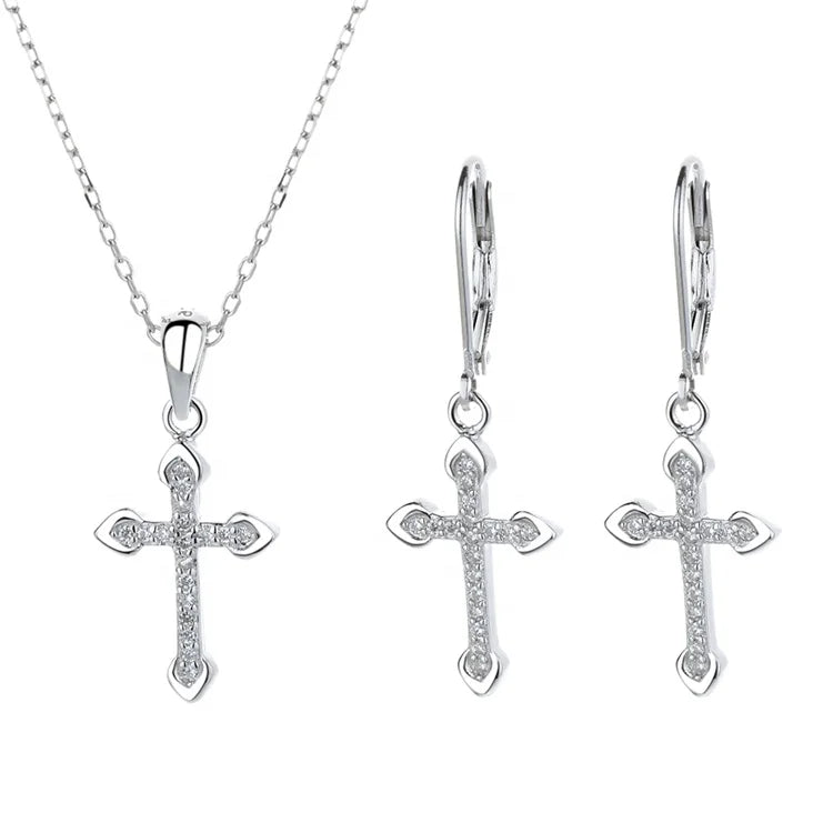 925 Sterling Silver Cross Earring Pendant Plated With Christian Faith Cubic Zircon