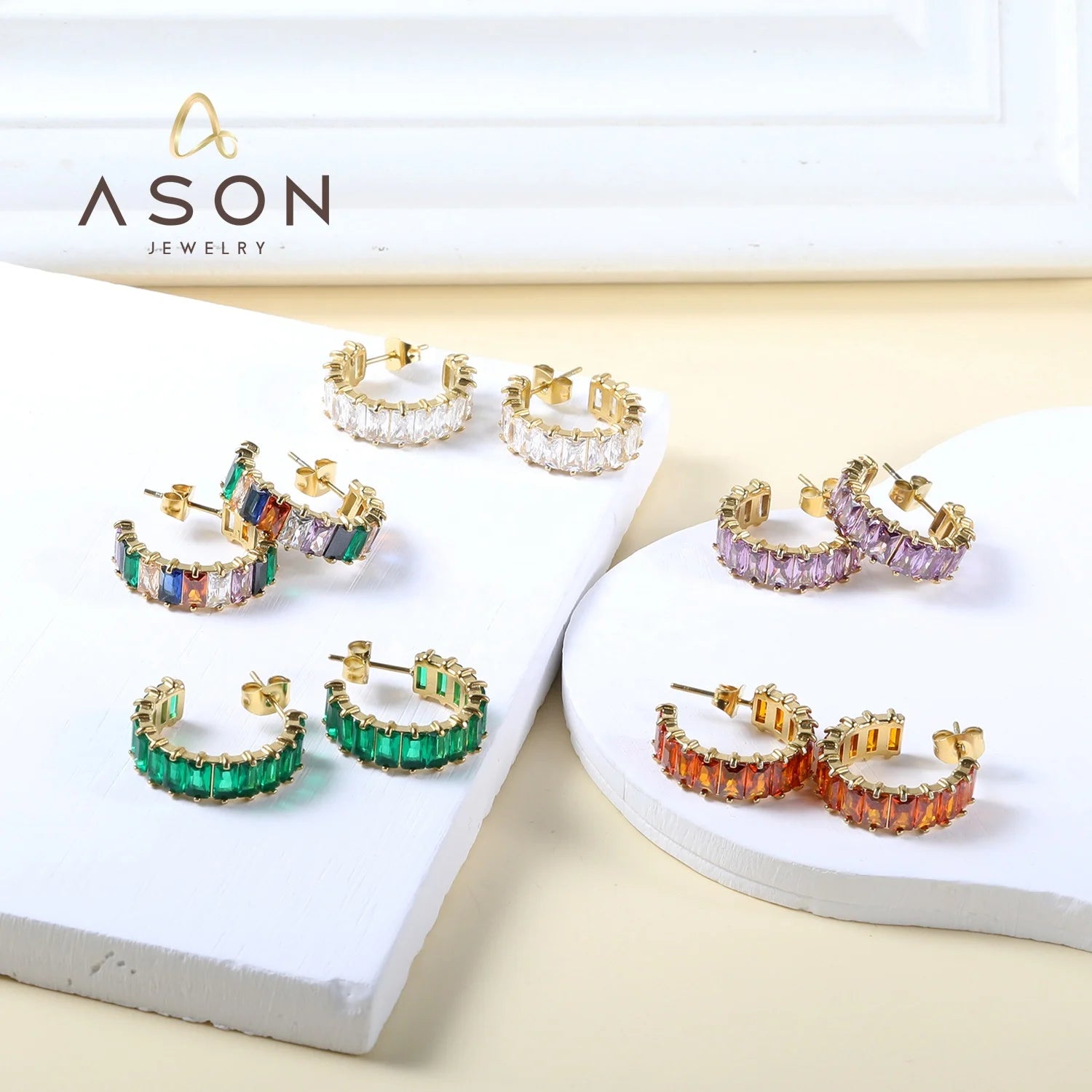 Ason Fashion Jewelry Statement Earrings Women 18k Gold Plated Stainless Steel Rectangle Zircon Multicolor Diamond Hoop Earrings