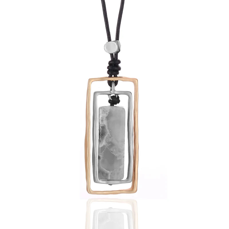 Modern Fashion Double Hollow Rectangular Agate Black Leather Cord