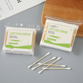 Hot Sale Wholesale Custom Green Bag Double Head Cotton Swabs Bamboo Sticks Cotton Ear Buds 100 Pieces Q Tips for Daily Use