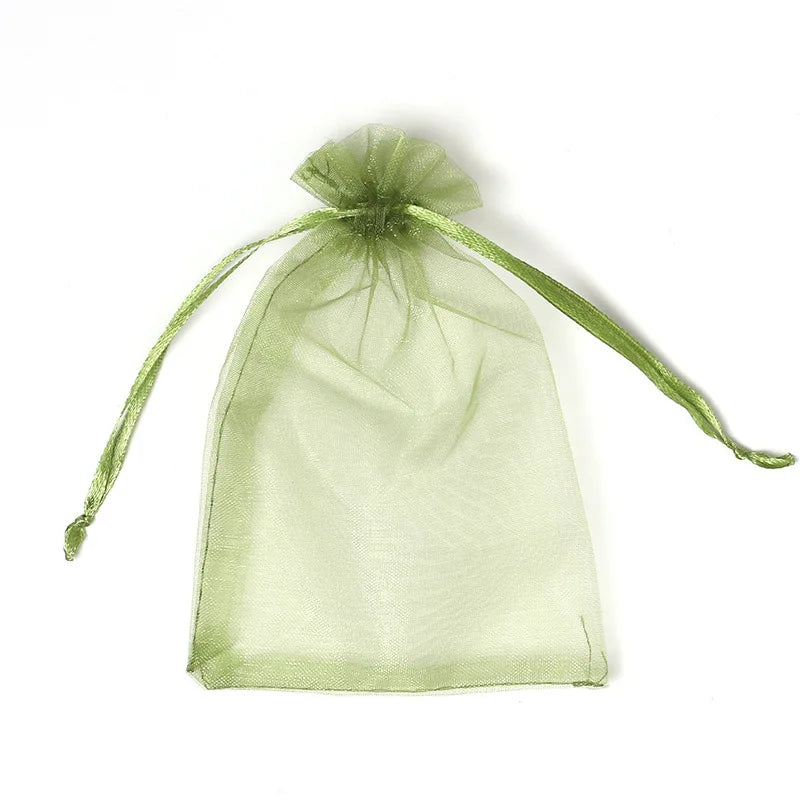 Green Sheer Organza Bags  for Wedding Drawstring Gift Bags With Logo Ribbon Premium Jewelry Pouches Party