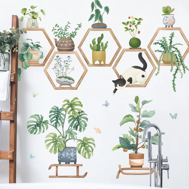 Boreal Europe Style Green Potted Leaf Wall Stickers Decoration Wardrobe Sticker for Kitchen
