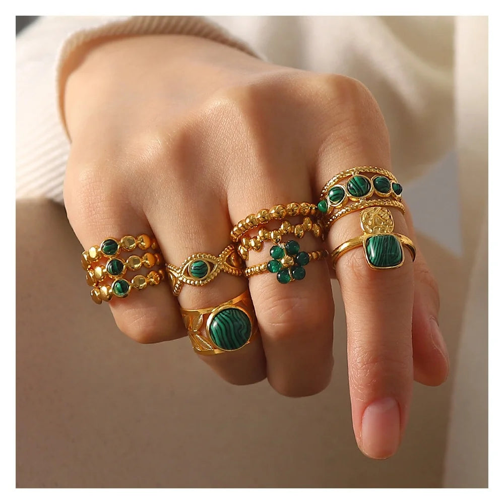 Vintage 18K Gold Malachite Statement Open Ring WaterProof 18k PVD Gold Plated Stainless Steel Bague Femme