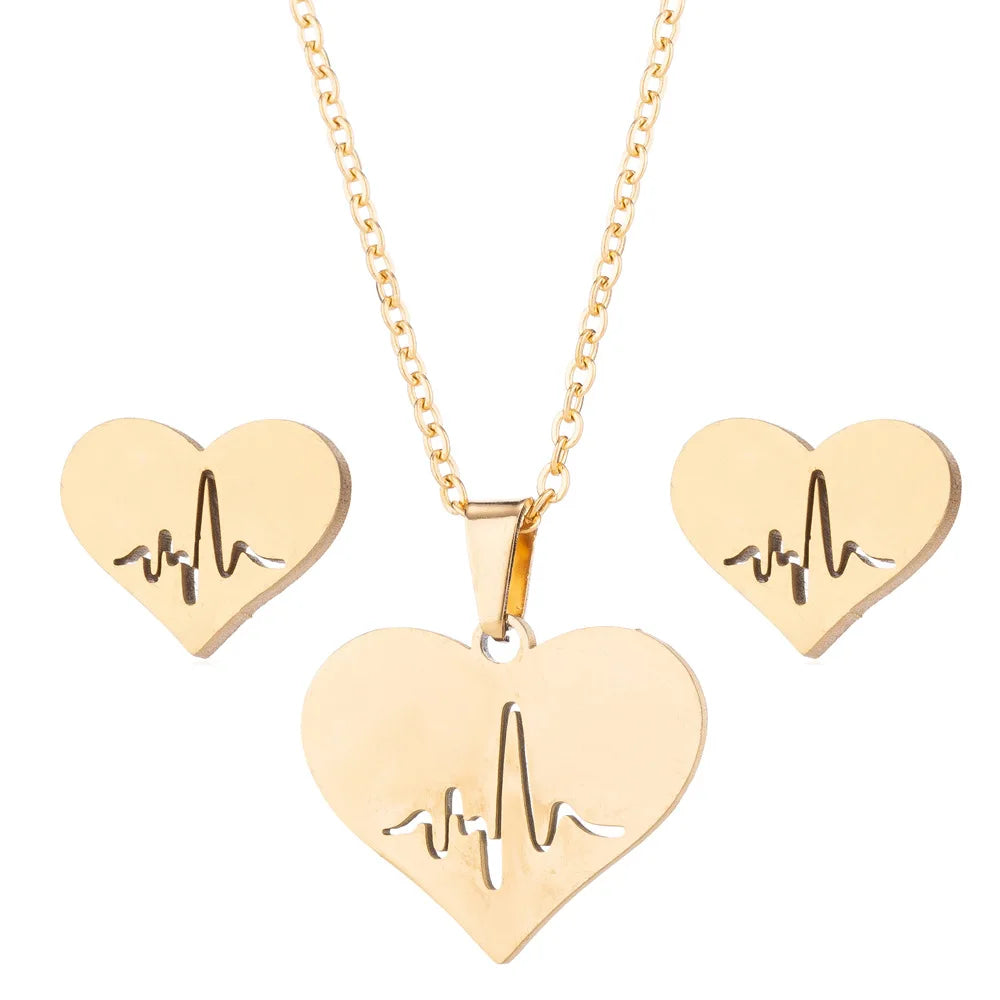 Fashion Stainless Steel Love Heart Gold Jewelry Sets for Girls Heartbeat Necklace Earrings Set