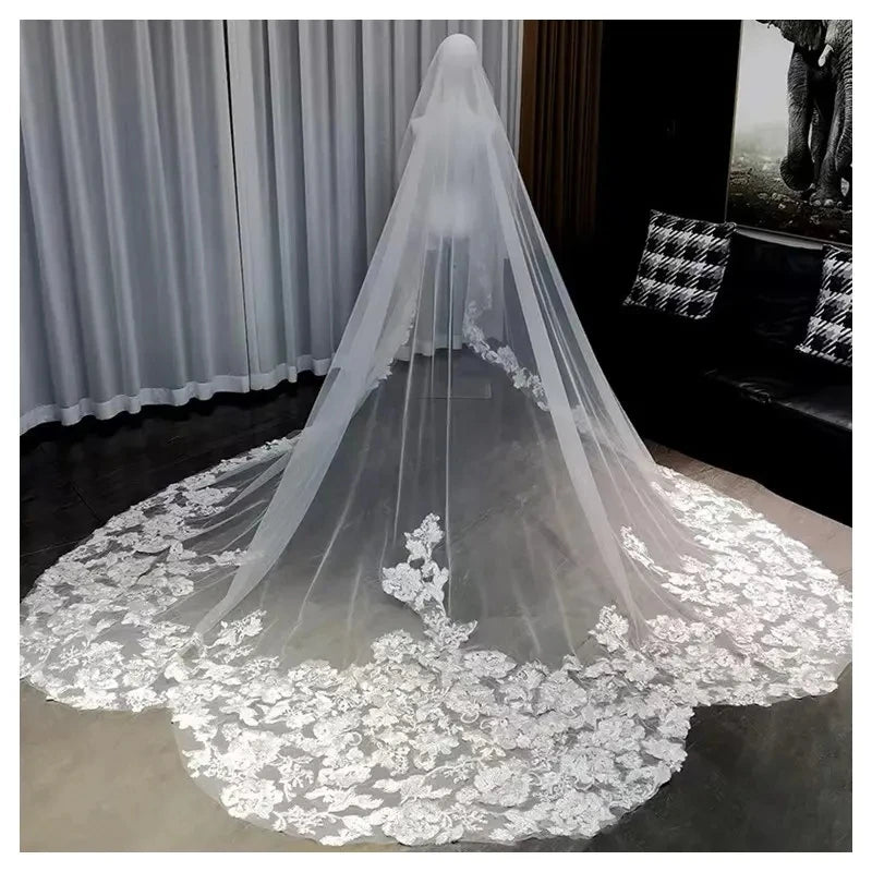ROMANTIC High Quality Luxury Vintage Bride Long Flower Lace Wedding Veils