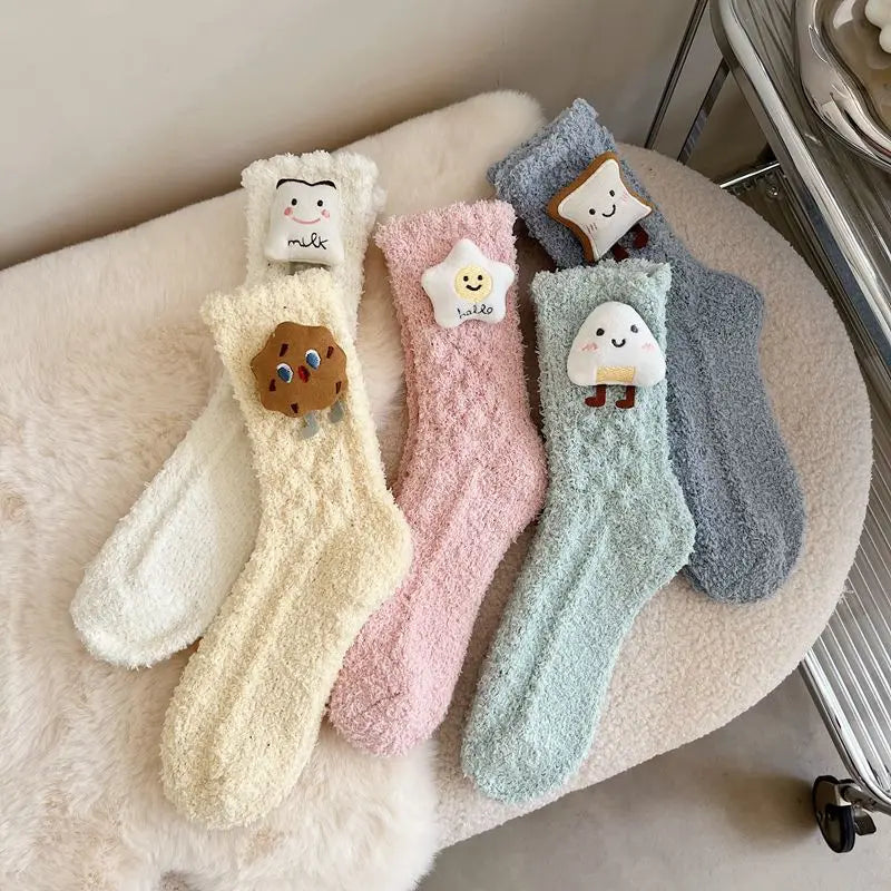 Women's Coral Velvet Cute Cartoon Mid-Tube Crew Socks Winter Warm Home Sleeping Anti-Slip Sustainable Knitted Design Casual