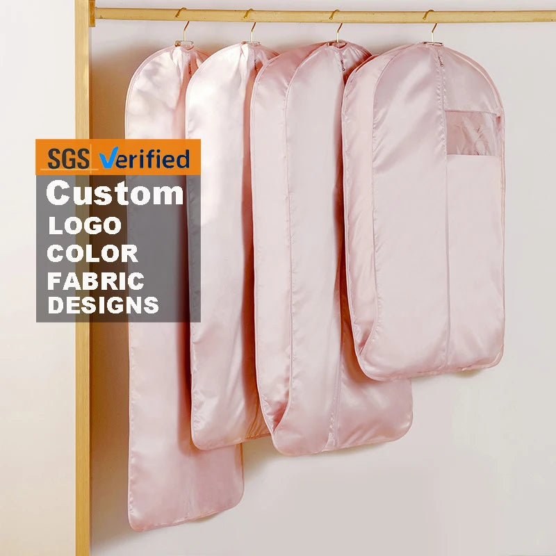 Custom Logo High Quality Soft Satin Silk Garment Dress Suit Packaging Travel Cover Hanging Bags