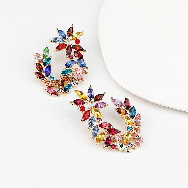Bohemian Colorful Rhinestone Flower Dangle Earrings Fashion Crystal Diamond Leaf Shaped Stud Earrings for Women