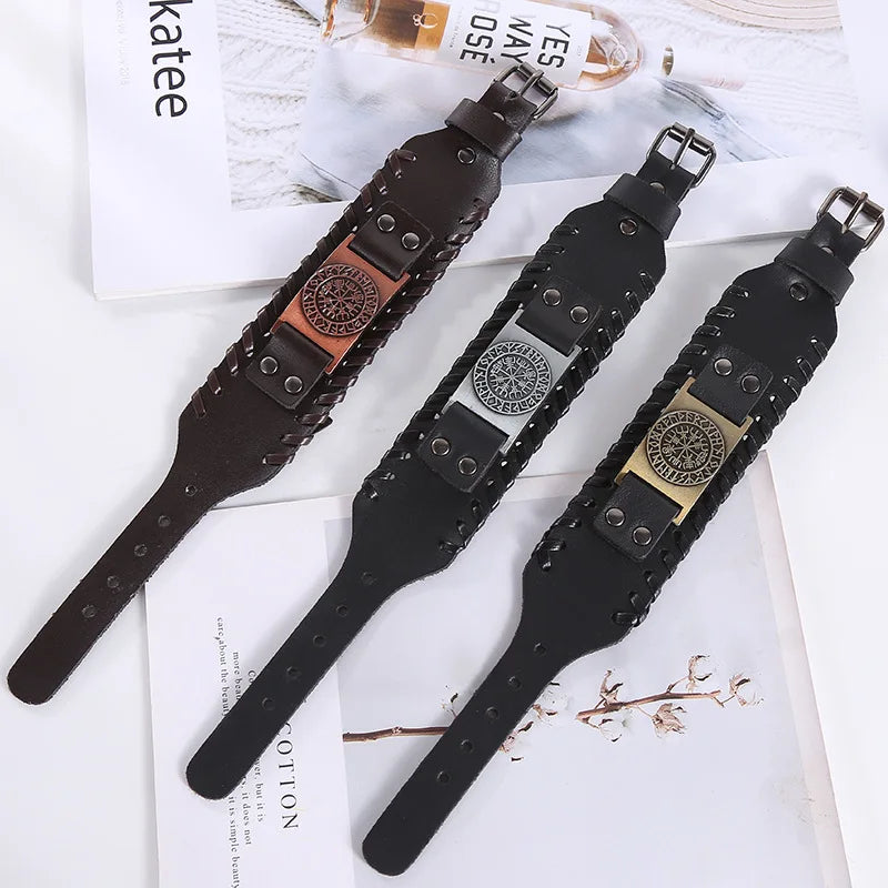 Black Leather Bracelet Vegvisir Compass Nordic Runes Leather Wristband Bangle Viking Bracelet for Men