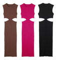 Fashionable Solid Color Crew Neck Party Ladies Sleeveless Rib Long Bodycon Sexy Midi Dresses