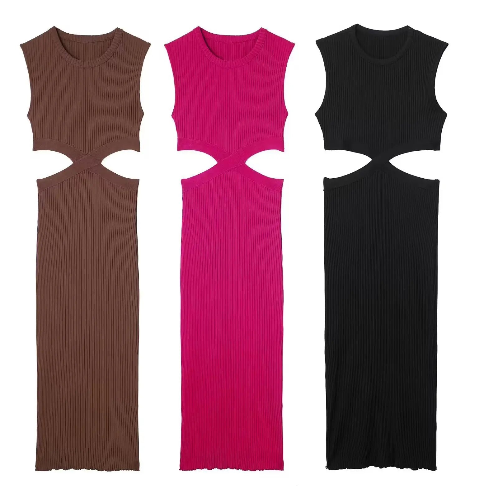 Fashionable Solid Color Crew Neck Party Ladies Sleeveless Rib Long Bodycon Sexy Midi Dresses
