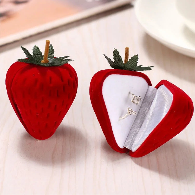 Lovely Strawberry-Shaped Velvet Flocking Jewelry Trinket Case Ready to Ship Wedding Ring Box Storage Solution