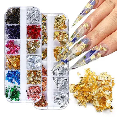 12 Grids/Colors Gold Silver Flake Glitter Foil Thin Gold Foil Manicure Nail Art Decoration