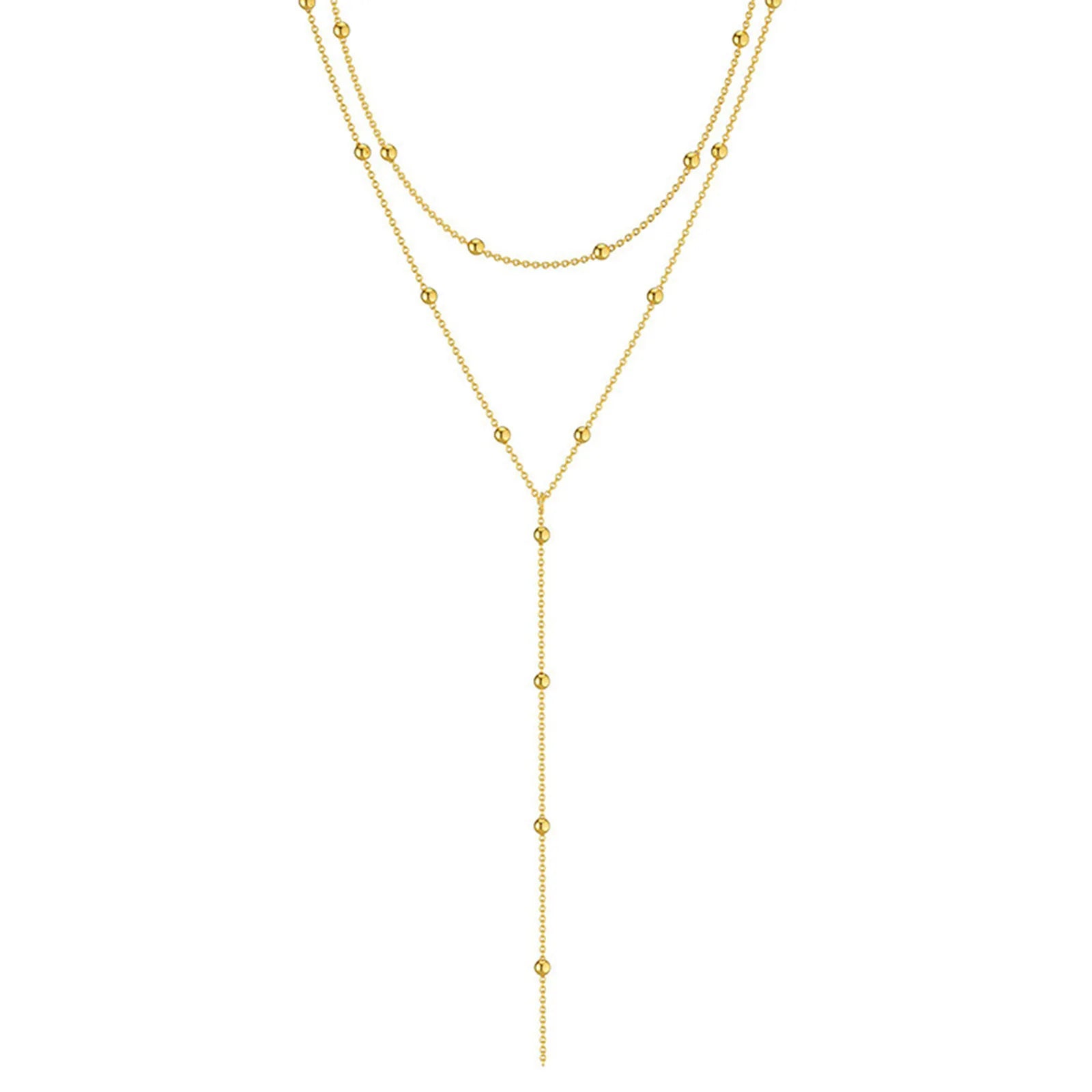 Women's Vintage Geometric Stainless Steel 18K Gold Plated Link Lariat Necklace Double Layered Long Drop Pendant Choker