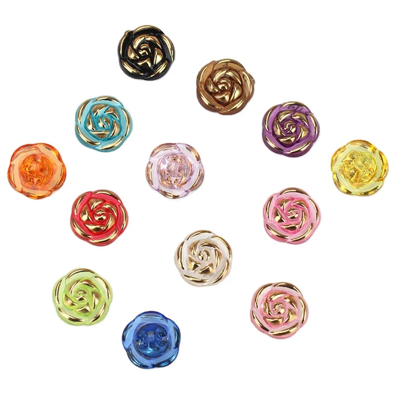 12.5mm Fashion Sweaters Cardigans All Matched Acrylic Plastic Bronzing Gold Stamp Crystal Transparent Rose Flower Sewing Buttons