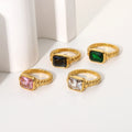 Stainless Steel Women's Croissant Twisted Spiral Ring Good Quality with Emerald Pink Zircon Gemstone Rectangle Design