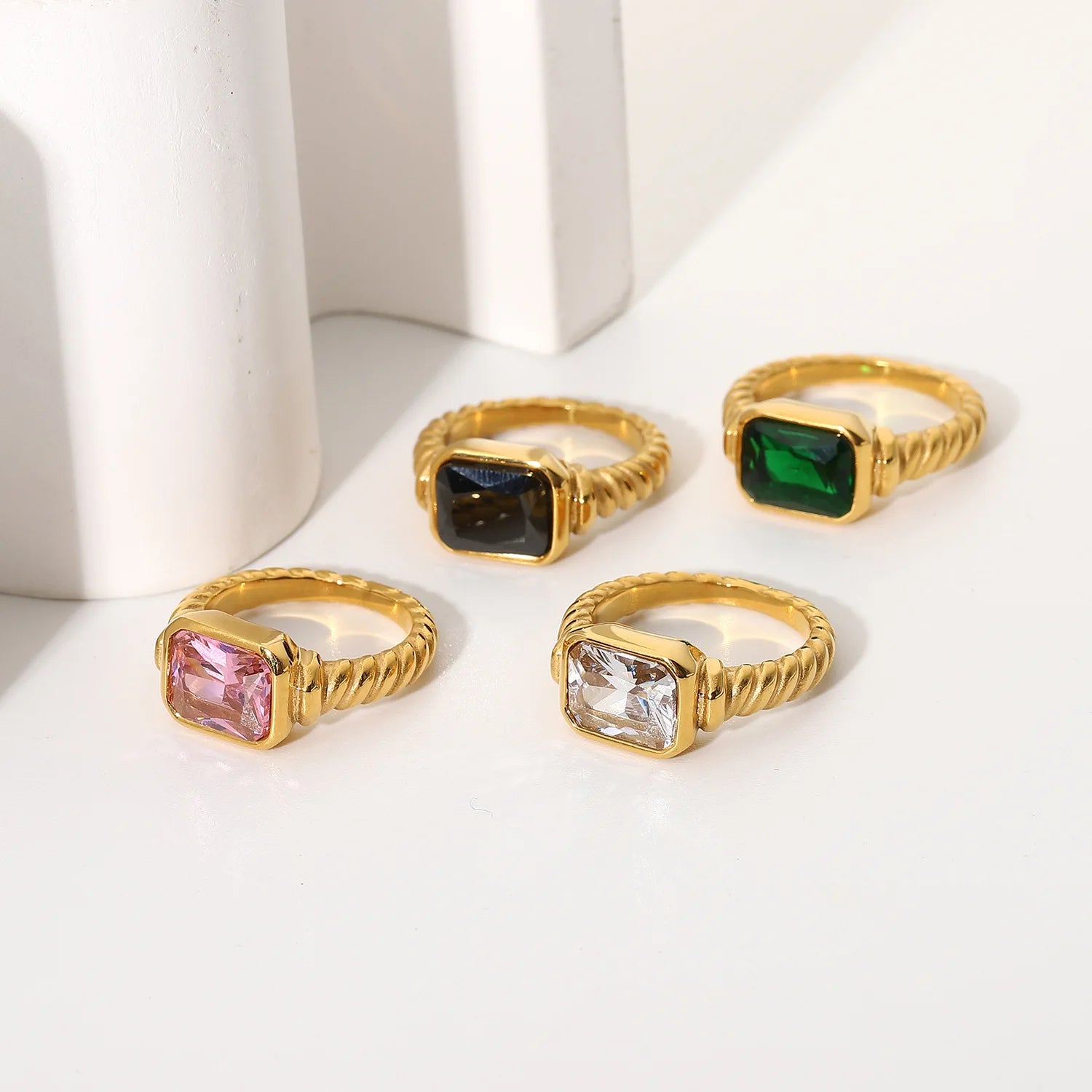 Stainless Steel Women's Croissant Twisted Spiral Ring Good Quality with Emerald Pink Zircon Gemstone Rectangle Design