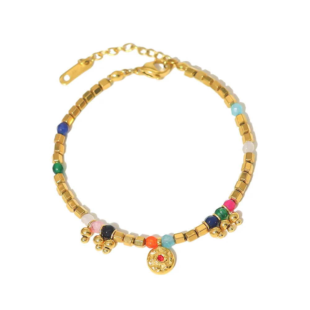 New Colorful 18K Gold Plated Bracelet Round Pendant Titanium Steel Natural Stone Fashion Jewelry Accessories Wholesale