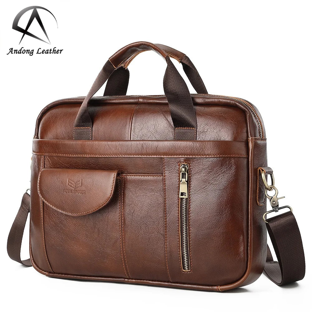 Andong Men 15.6 Inch Laptop Briefcase Real Genuine Cow Leather Vintage Fashion Casual Handbag Shoulder Bag Travel Business