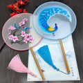 Y-Z Chinese Round Shape Hanfu Fabric Fan Wood Handle with Tassel Hand Embroidered Ancient Silk Fan