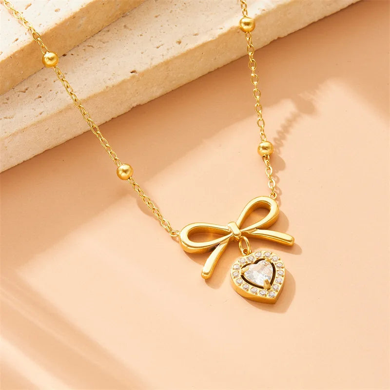 DAIHE Korean Version butterfly Bow Diamond Inlaid love Pendant Sweet and High-end Stainless Steel Necklace