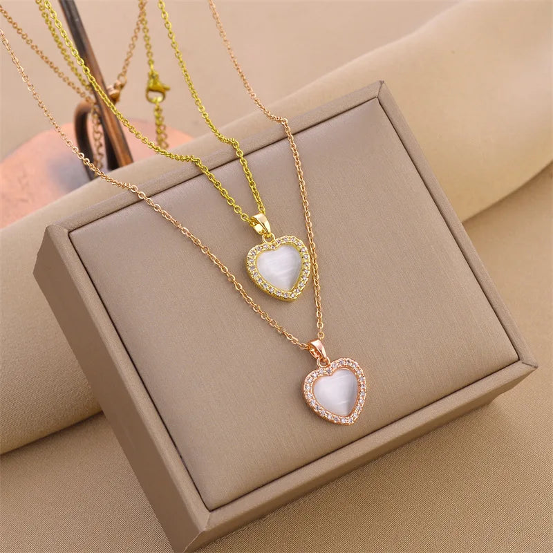 Stainless Steel 18k Gold Plated Love Heart Shape Necklace White Opal Heart Pendant Necklace