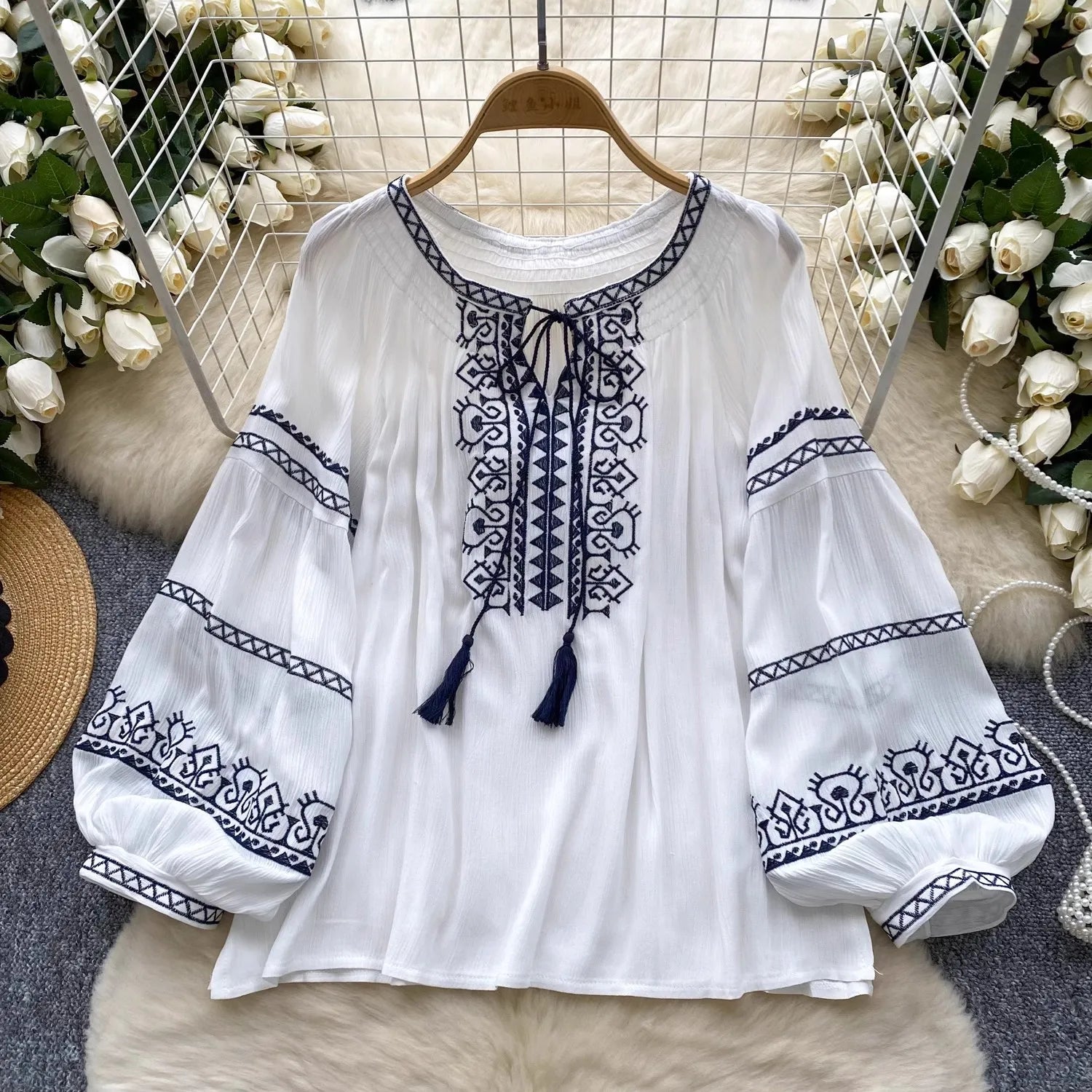 One Size Ethnic  Floral Embroidery Women's Blouses Shirts Tops Vintage Tassel Lace-up Lantern Long Sleeve Blouse Boho Blusas