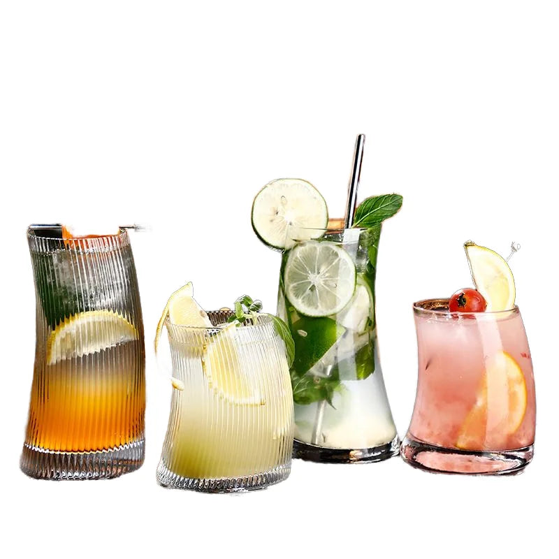 Wholesale Creative Modern Moon Shape Clear Vertical Striped Cocktail Glass Cup Premium Beer Drinking 350ml/500ml Business