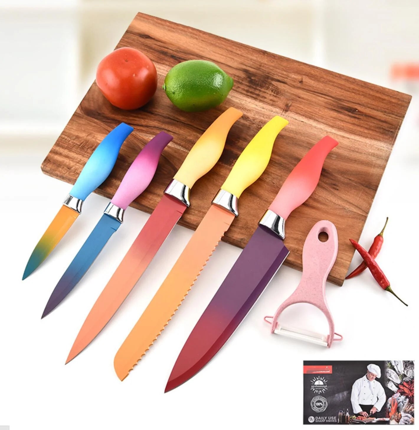 6-Piece Craftsman Stainless Steel Chef Knife Set with Ambidextrous Non-Stick Silicone Handles Custom Logo Colorful Design