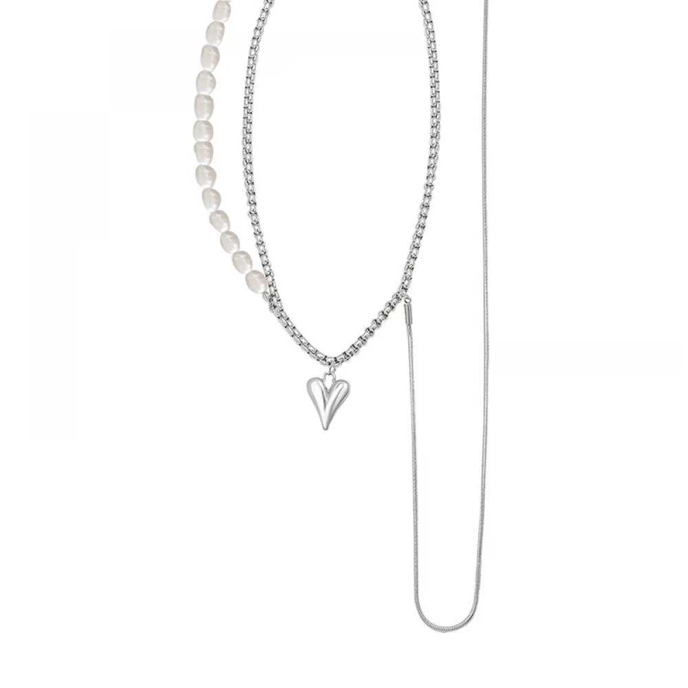 18k Stainless Steel Necklace Charm Natural Freshwater Pearl Splicing Chain Tassel Double Layer Necklace
