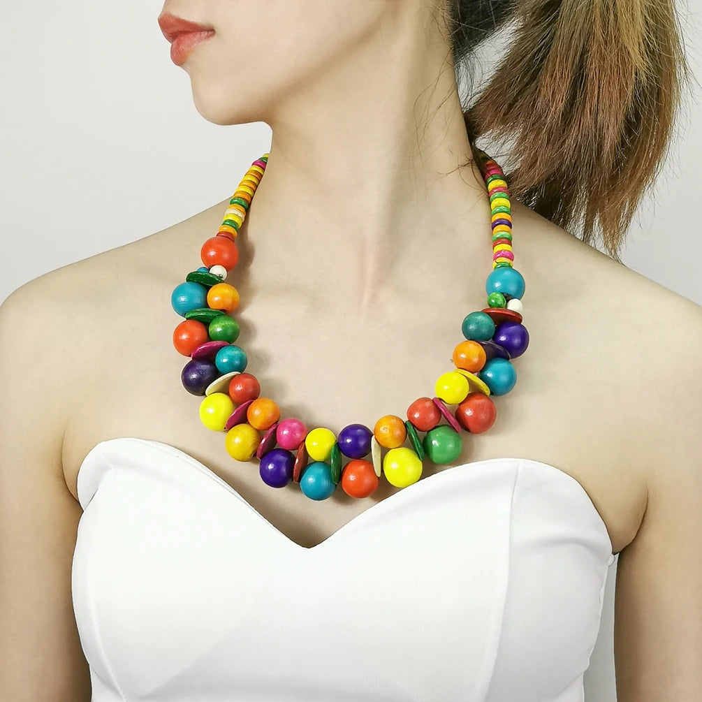 Ethnic Multi Wooden Beads Coconut Shell Collar Necklace Handmade Chunky Choker Necklace Bohemian Retro Fashion Jewelry