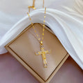 Trendy Gold Plated Stainless Steel Chain Necklace Crystal Rhinestone Cross Pendant Religious Jewelry for Women Unisex Geometric