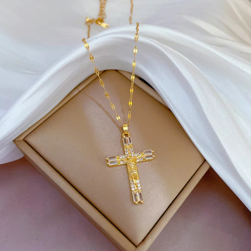 Trendy Gold Plated Stainless Steel Chain Necklace Crystal Rhinestone Cross Pendant Religious Jewelry for Women Unisex Geometric
