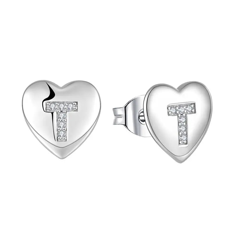 New Micro-Inlaid Zircon Stud Earrings Women 925 Sterling Silver Heart Letter Earrings