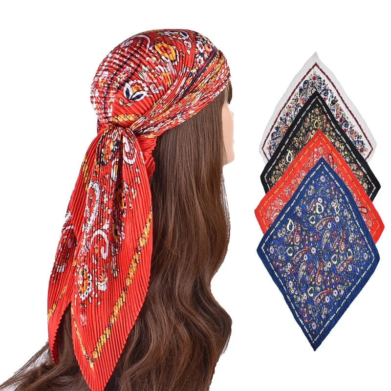 2024 New Arrival Imitated Silk Silk Satin 90cm Rhombus Milk Silk Paisley Print Fold Scarf Pleated Female Shawl Fashion Kerchief
