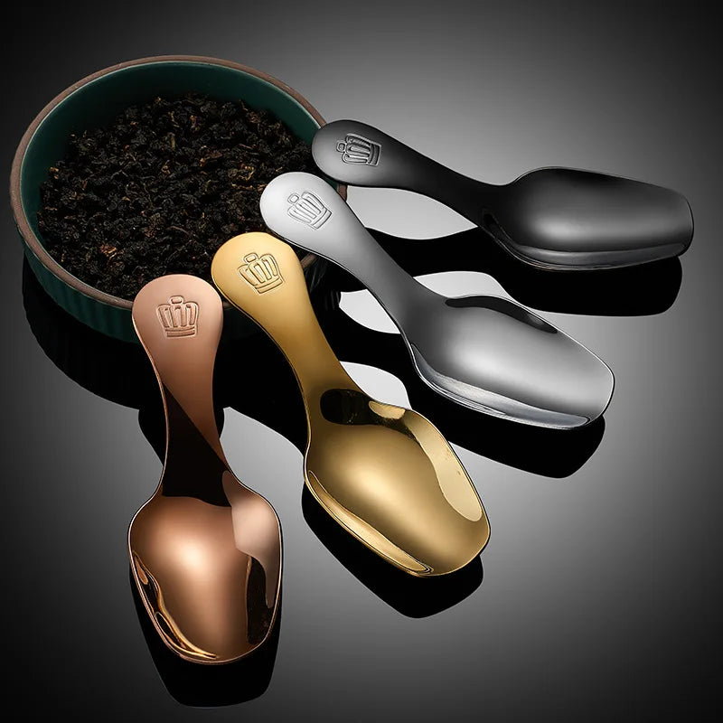 Stainless Steel Tea Scoop Short Handle Coffee Bean Spoon Mini Sugar Shovel with Crown Logo for Loose Leaf Tea Canister