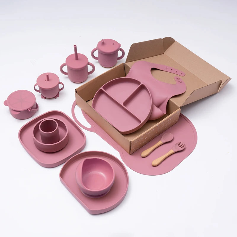 Professional 7-Piece Non-Toxic Snack Cup Bib Set Toddler Baby Silicone Dining Accessories Kids Feeding Plate Suction Feature