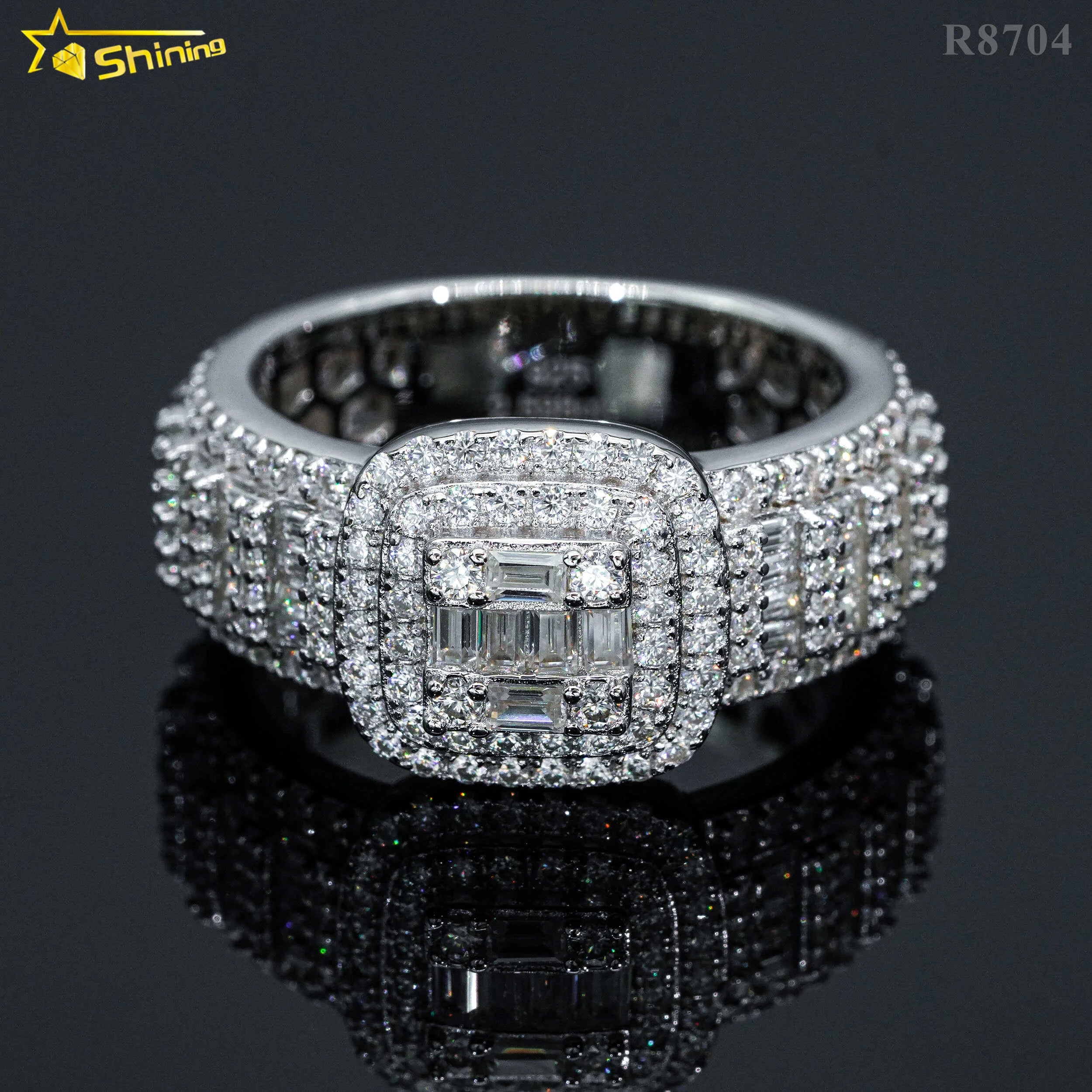 Luxury Hip Hop Jewelry Gold Plated 925 Silver Men's Ring baguette Moissanite Diamond Iced Out Rings