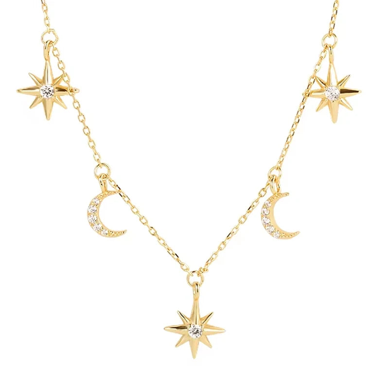 Trendy 925 Sterling Silver Fashion Jewelry Zircon Crescent Moon Star Charms Pendant Necklace for Women 18K Gold Plated