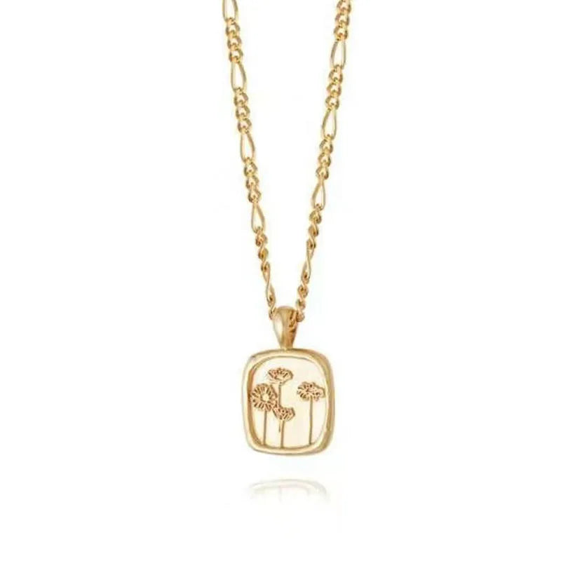 18K Gold Plated Figaro Chain Necklace Stainless Steel Daisy Rectangle Pendant Choker Necklace Trendy Jewelry