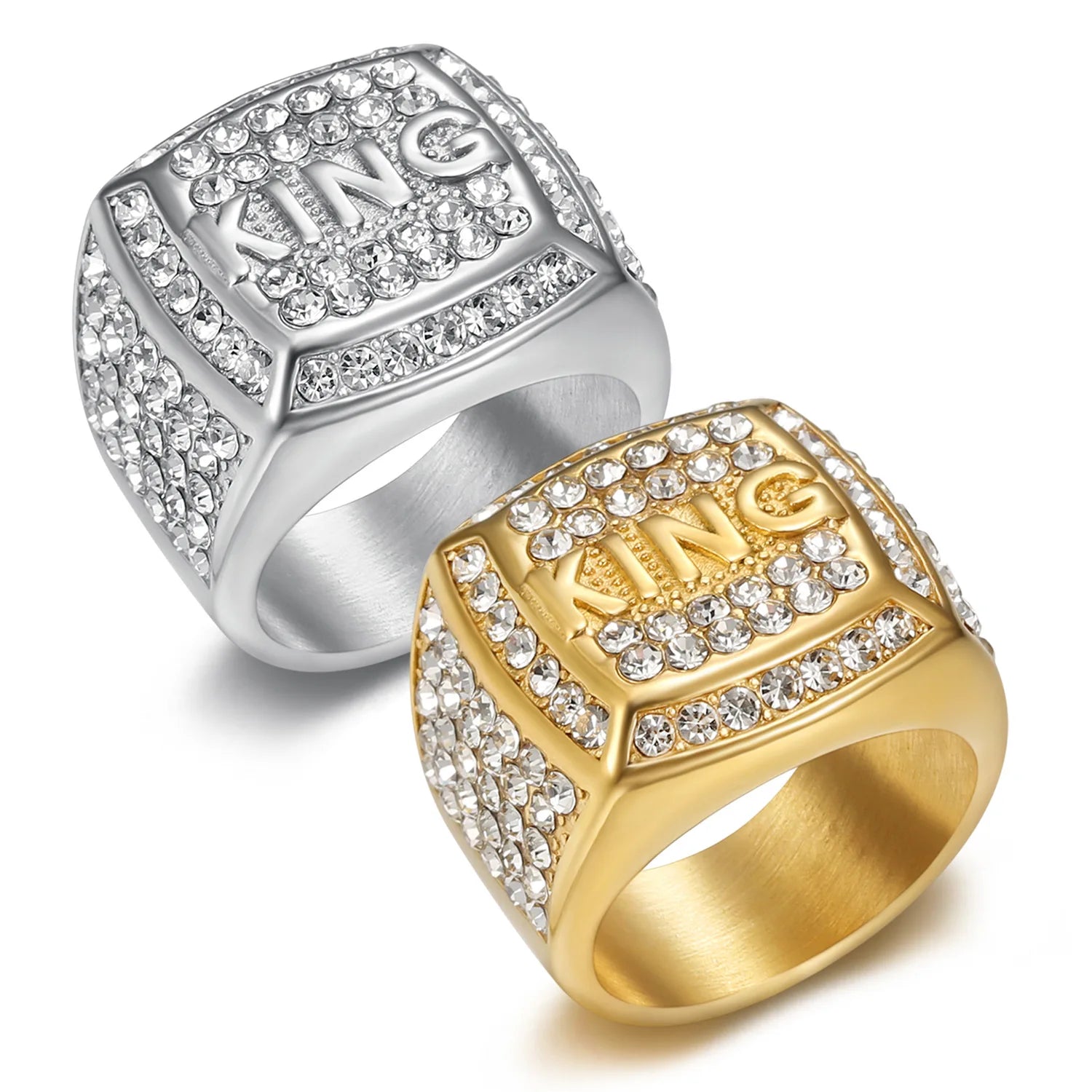 Trendy King for Boss Stainless Steel Wedding Ring with CZ Zircon & Diamond Silver & Gold for Engagement Party Fashionable Gift