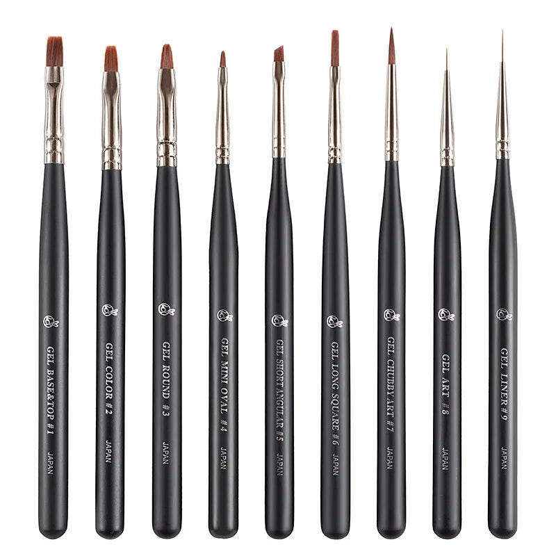 BW8 Professional Luxury Black Wood Handle Nylon Nail Art Brush Set Liner Oval Flat Crimped Ferrule Multifunctional Custom Logo