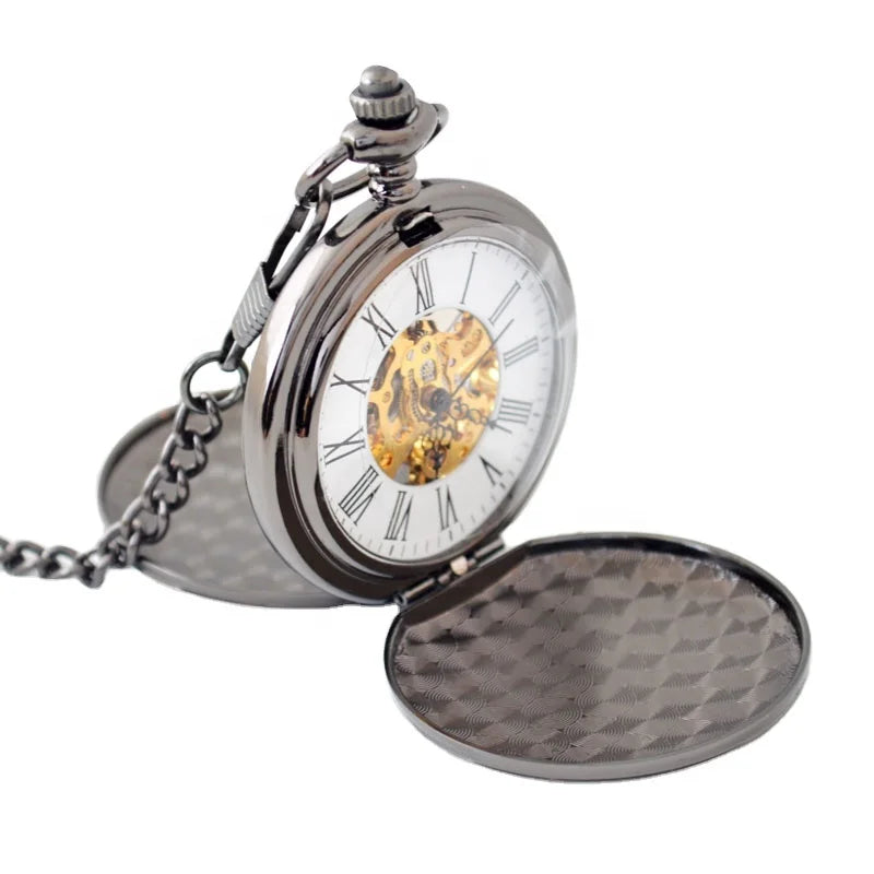 Mechanical Antique Stainless Steel Roman Numerals Double Open Smooth Case Black Dial Pocket Watch