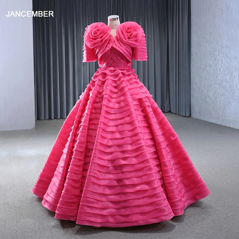 V-Neck Women'S Dress Chiffon Pink Fashion Dress A-Line 3D Rose Party Gown Women Clothing Rsm222122